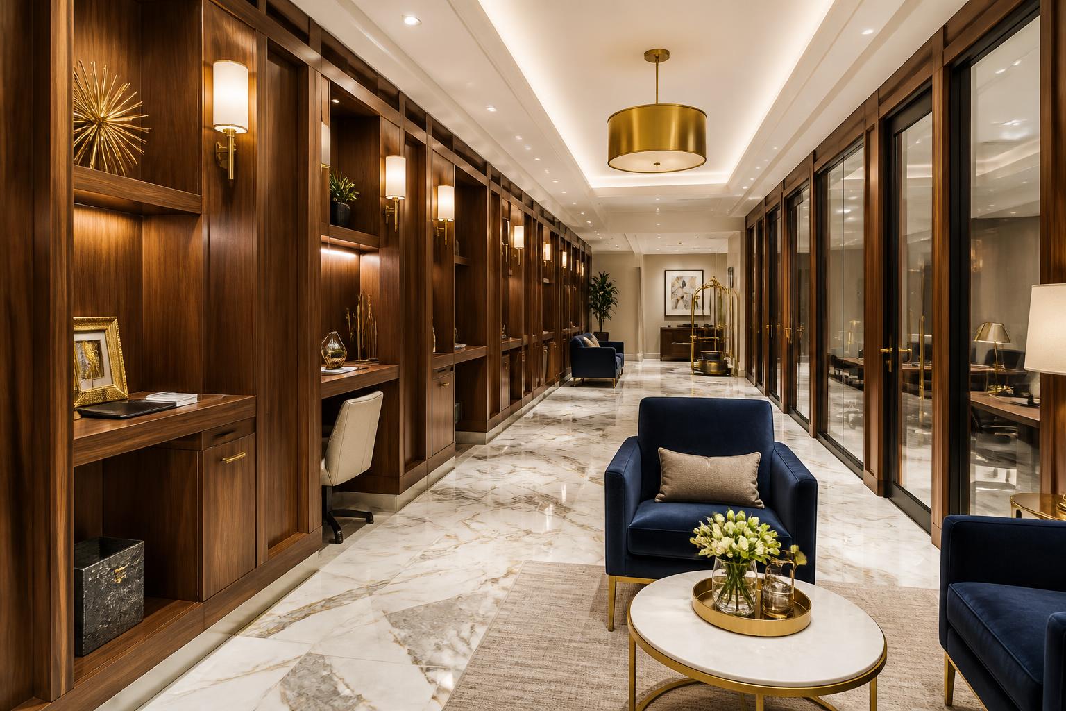 Blueprint Spa office suites and private coworking cubbies with warm walnut, marble, and gold accents